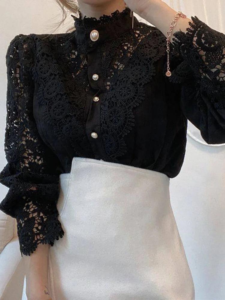 Chic Lace Collar Puff Sleeve Blouse - Trendy Mix