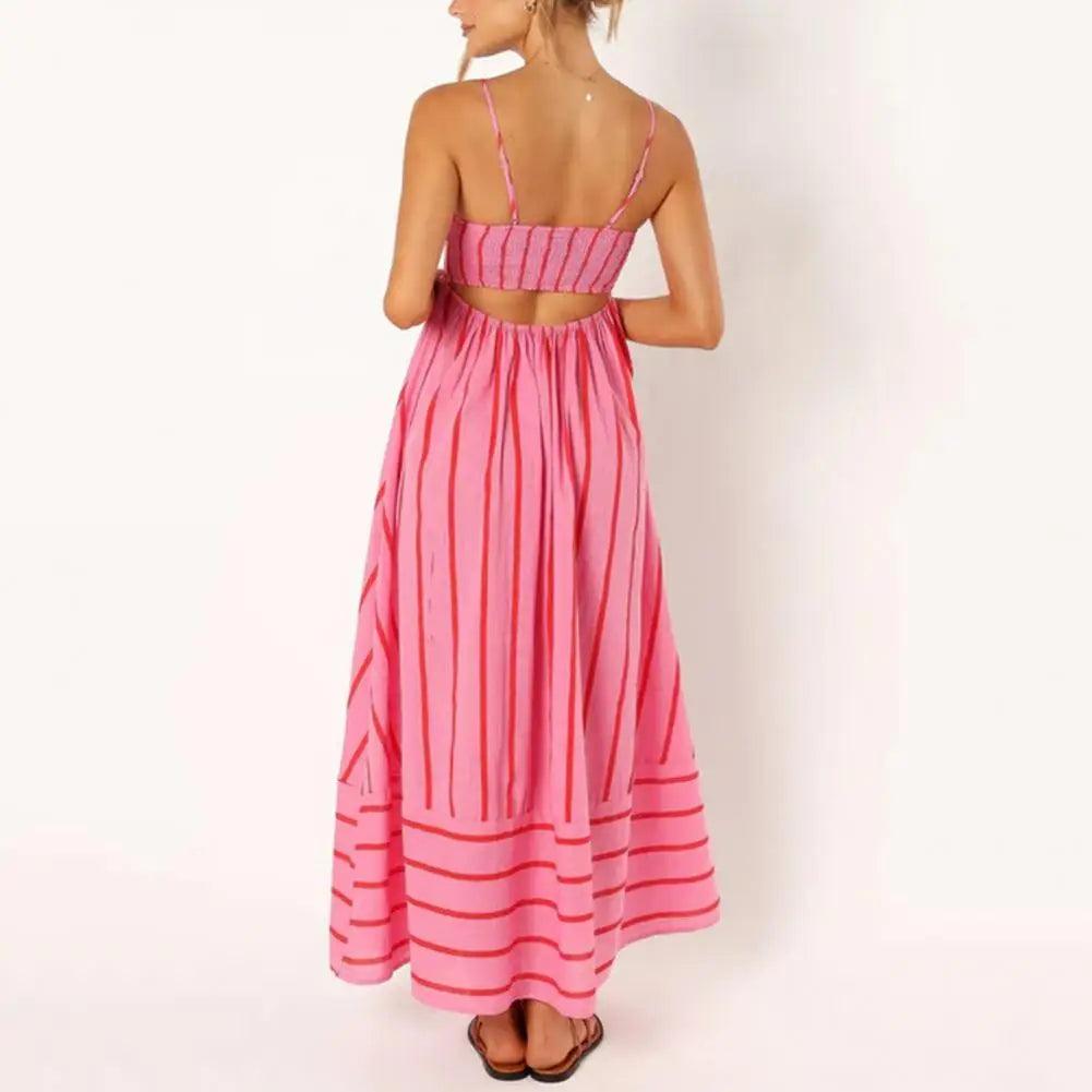 Chic Striped Backless Maxi Sundress with A-line Silhouette for Summer Beach Getaways - Trendy Mix