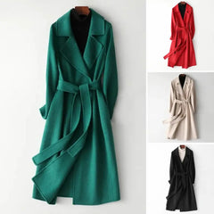 Autumn Winter Women Woolen Coat Lapel Long Sleeve Mid-length Jacket With Belt Solid Color Mid-calf Length Overcoat For Daily