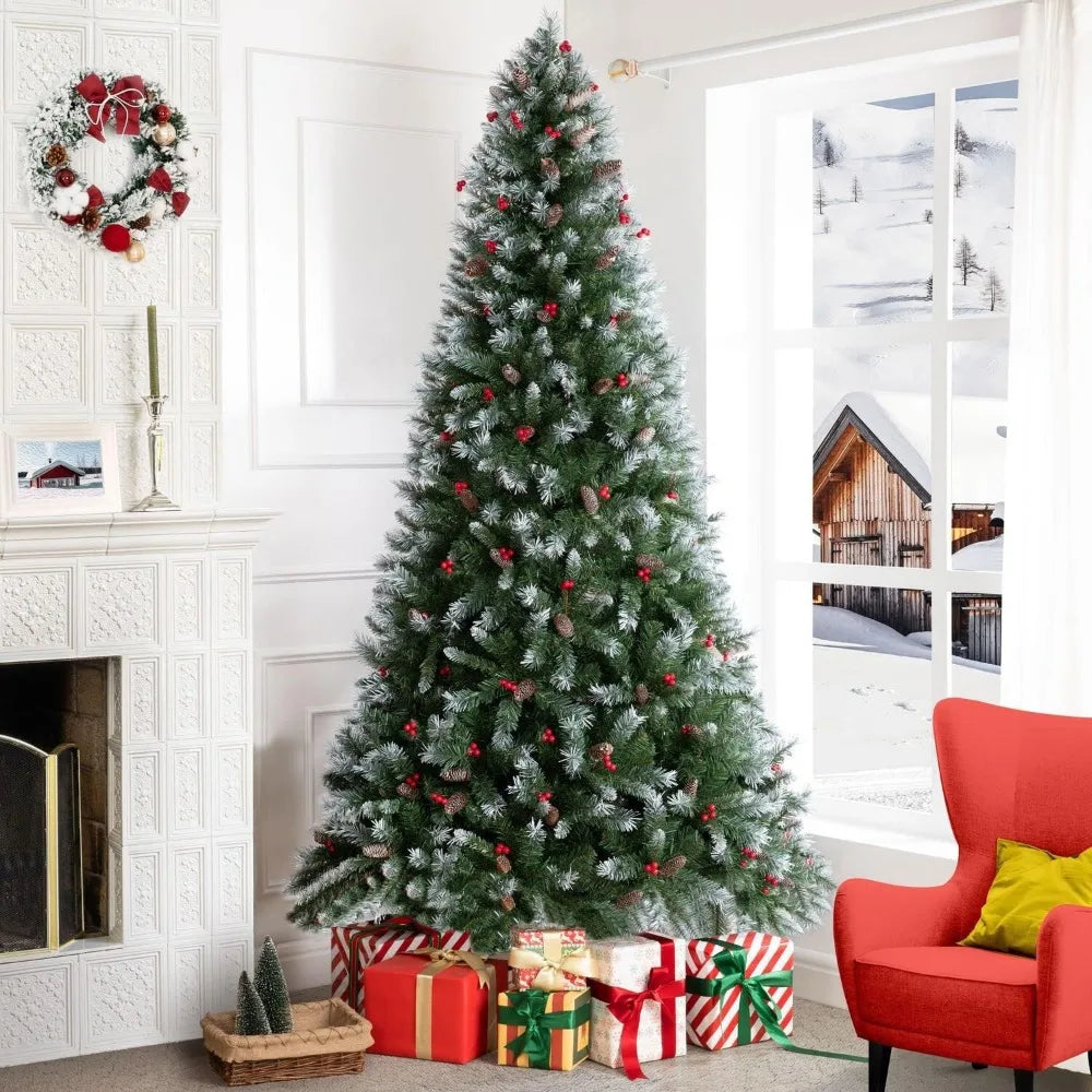 Frosted Prelit Artificial Christmas Tree with Pine Cones, Faux Berries, Foot Pedal, 1346 Branch Tips, 550 Warm Lights