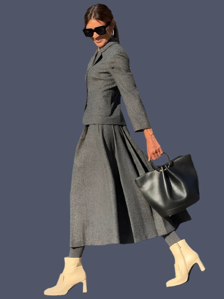 2024 Autumn Women Fashion Suits Trend Solid V Neck Textured Slim Blazer + With Pleats Commute Office Lady Female Skirt