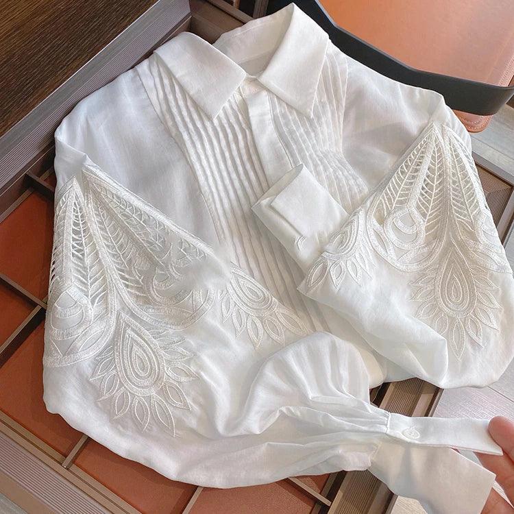 2024 White Embroidered Vintage Blouse - Trendy Mix