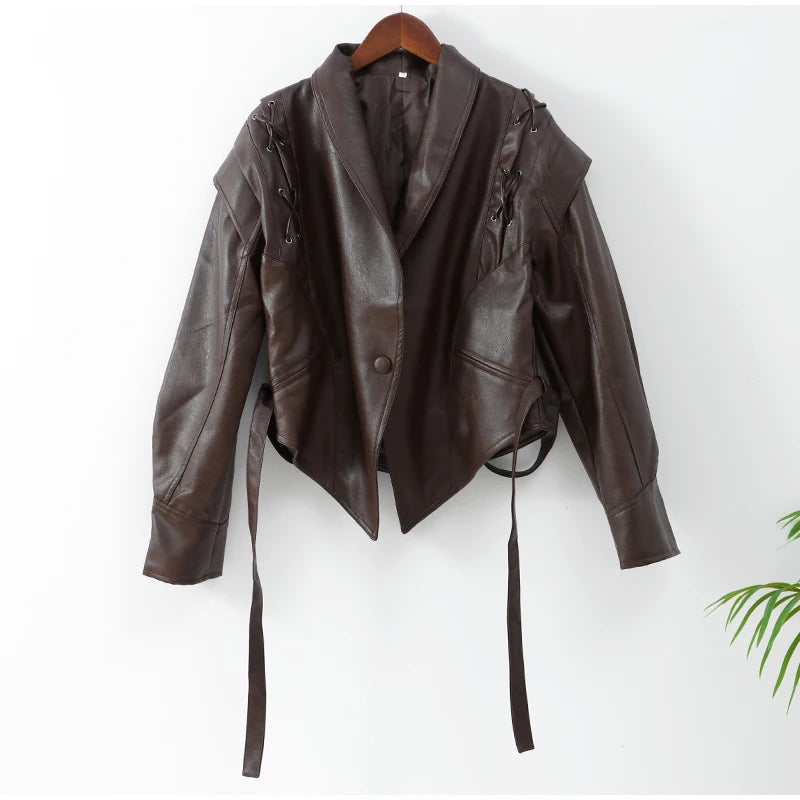 2024 Lace-Up Lapel Leather Jacket with Pockets