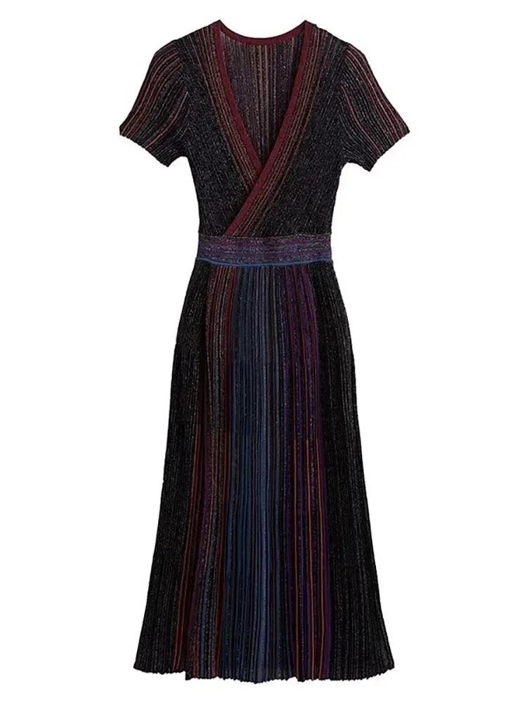 Women's Fashion Dress V-neck Long Sleeved Striped High Waisted Pleated Rainbow Casual Dress New for Autumn 2024 - Trendy Mix