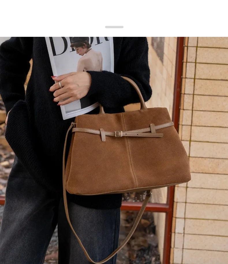 High-Class Camel Suede Leather Tote – Elegant Commuter Briefcase