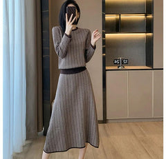 Vintage Women O Neck Knitted Two Piece Set Autumn Winter Striped Thick Long Sleeve Sweater + High Quality A Line Midi Skirt Suit