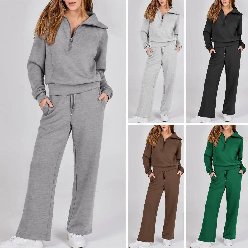 1Set Women Two - piece Suit Wide Leg Oversized Sweatshirt Pants Set Thick Loose Solid Color Tracksuit Set with Lapel Coat for Fall - Trendy Mix