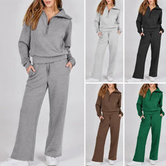 1Set Women Two-piece Suit Wide Leg Oversized Sweatshirt Pants Set Thick Loose Solid Color Tracksuit Set with Lapel Coat for Fall