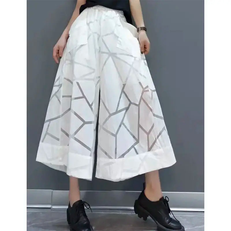 Plus Size Summer High Waist Pants Women 2024 Vintage Wide Leg Pants Casual Irregular Nine Points Ladies Trousers