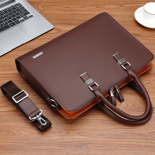 Business Leather Briefcase for Men: Shoulder Bag for 14" 15" Laptop, Large Capacity Handbag