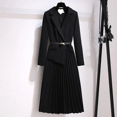 Beige Pleated Women Dresses Black Long Sleeve Working Clothes Loose Fit Fashion Spring Autumn Fake Two Pieces Suit France Dress