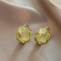 Design Sense White and Green Opals Round Hoop Earrings - Trendy Mix