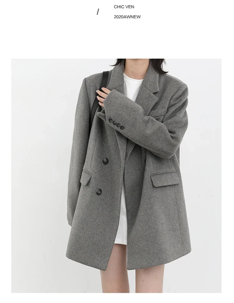 Chic Ven: 2024 Mid-Length Wool Blend Blazer Coat