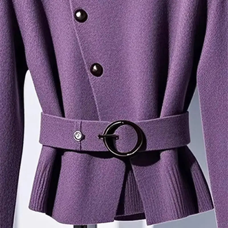 High End Turtleneck Wool Knit Sweater Cashmere Cardigan Soft Purple Knitwear Belt