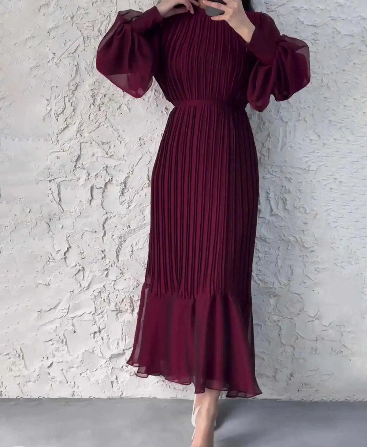 Women Evening Dress Long Lantern Sleeves Pleated Dress See-through Mesh Stand Collar Tight Waist Ruffle Patchwork Maxi Dress