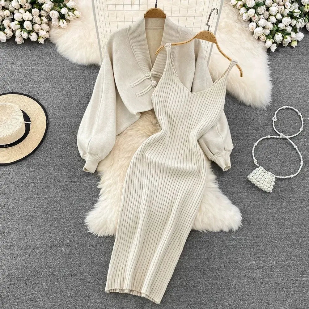 Solid Color Knitwear Set Lace up New Chinese Knitted Cardigan Women Sweater Coat Camisole Dress Two Piece Set Women Outfits