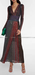 Women Sequined Colorful Striped V Neck Short Sleeve Waist Knit Slit Long Dress