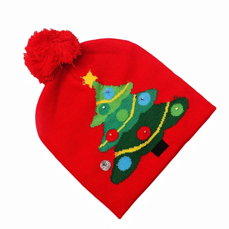 2025 Christmas Hat Santa Claus Hat LED Illuminated Cartoon Pattern Christmas Decorative Knitted Brimless Hat New Year Gift