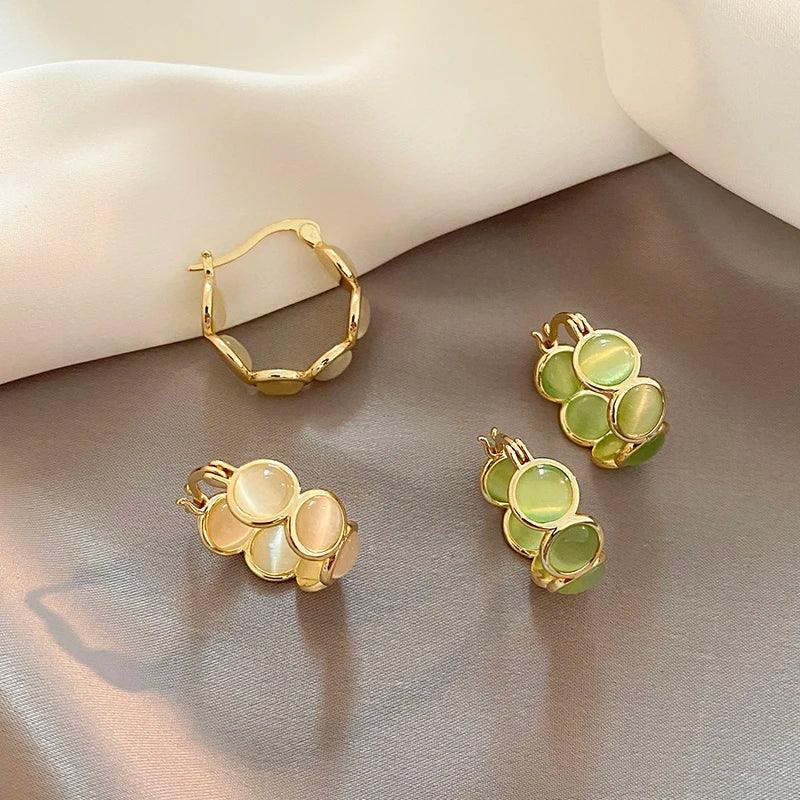 Design Sense White and Green Opals Round Hoop Earrings - Trendy Mix