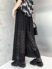 High Elastic Waist Black Hollow Out Casual Long Wide Leg Pants New Trousers Women Fashion Tide Spring Autumn 2024