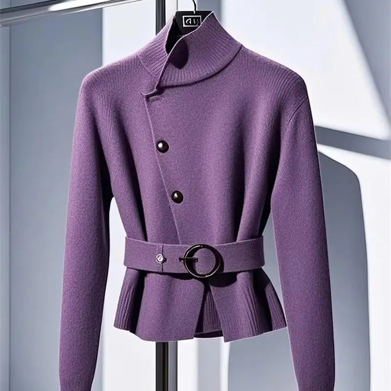 High End Turtleneck Wool Knit Sweater Cashmere Cardigan Soft Purple Knitwear Belt