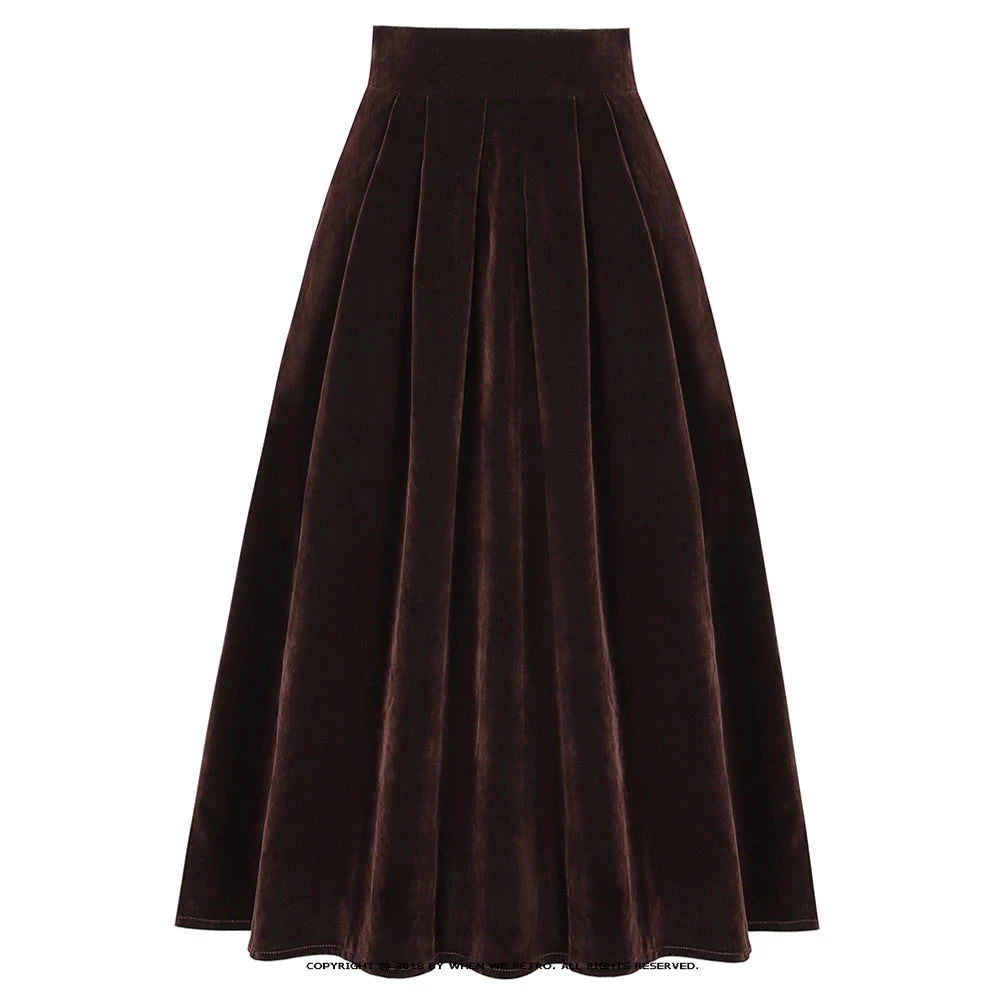 Korean Solid Color Velvet Skirts High Waist Women's Autumn Winter Skirts Pockets Side A Line Pleated Skirts