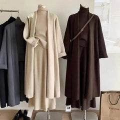 Cozy Thickened Knitted High Neck Tank Top Long Lapel Coat Loose Skirt Sweater 3 Pieces Set Solid Winter Robe Ribbed Woman Sets