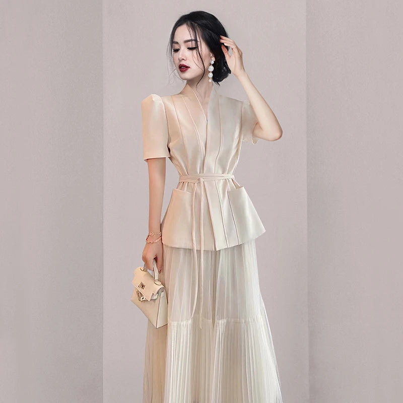 Elegant Spring Office Ladies 2 Piece Set Women V Neck Lace Up Pockets Puff Sleeve Blazer Coat + Mesh Long Pleated Skirt Suits