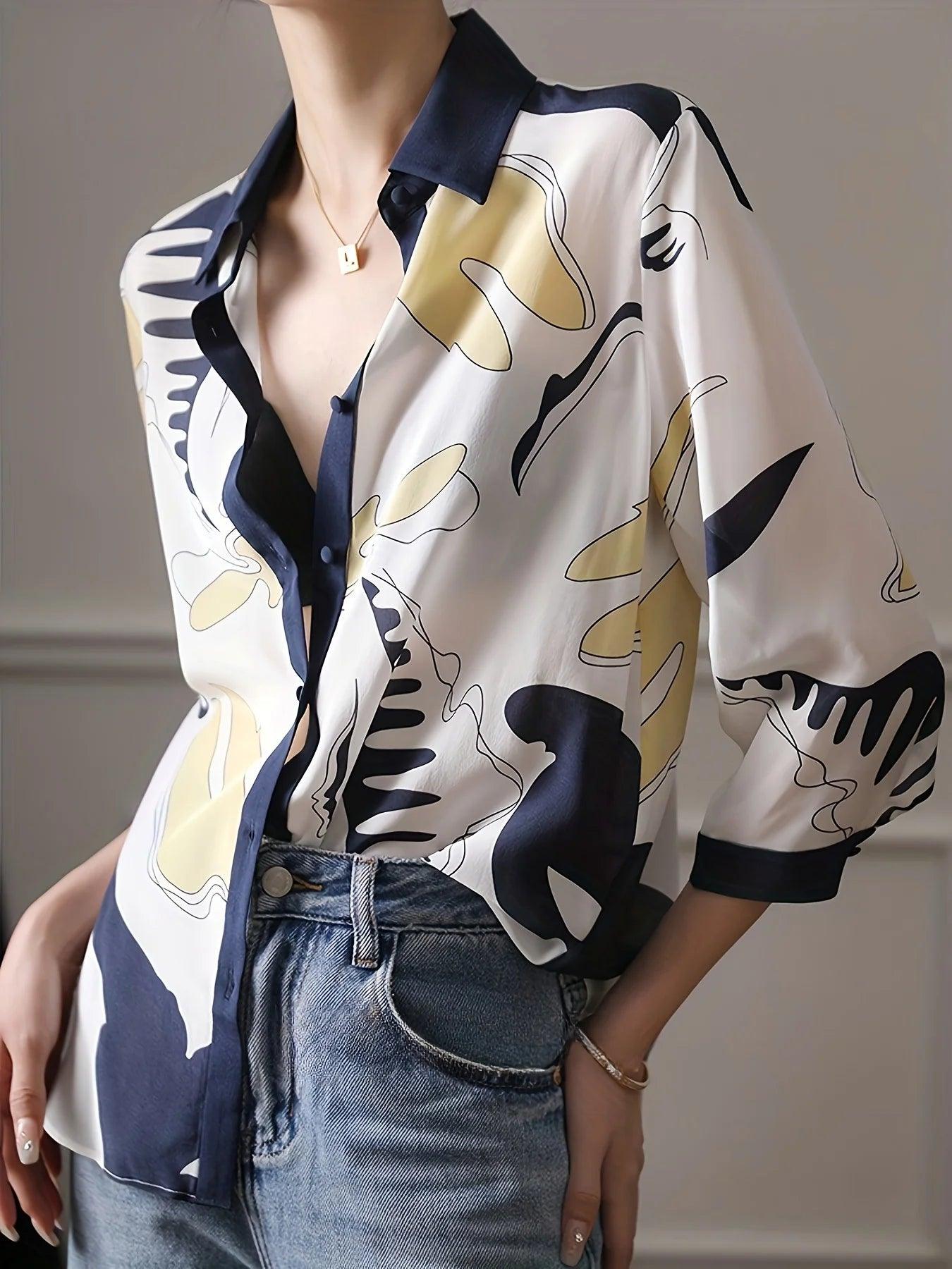 Chic Parisian Luxe Printed Chiffon Blouse - Casual Half Sleeve Top - Trendy Mix