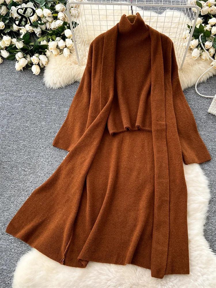 3PC Sweater Set: Cardigan, Turtleneck & Skirt - Trendy Mix