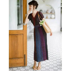 Women's Fashion Dress V-neck Long Sleeved Striped High Waisted Pleated Rainbow Casual Dress New for Autumn 2024 - Trendy Mix