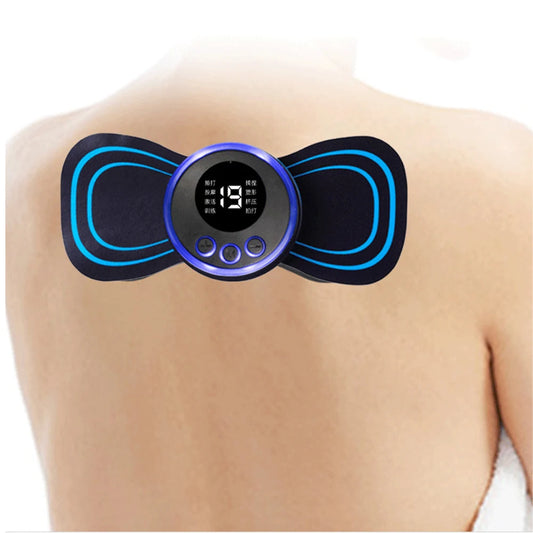 Portable electric neck massager with slim gel pad stickers.
