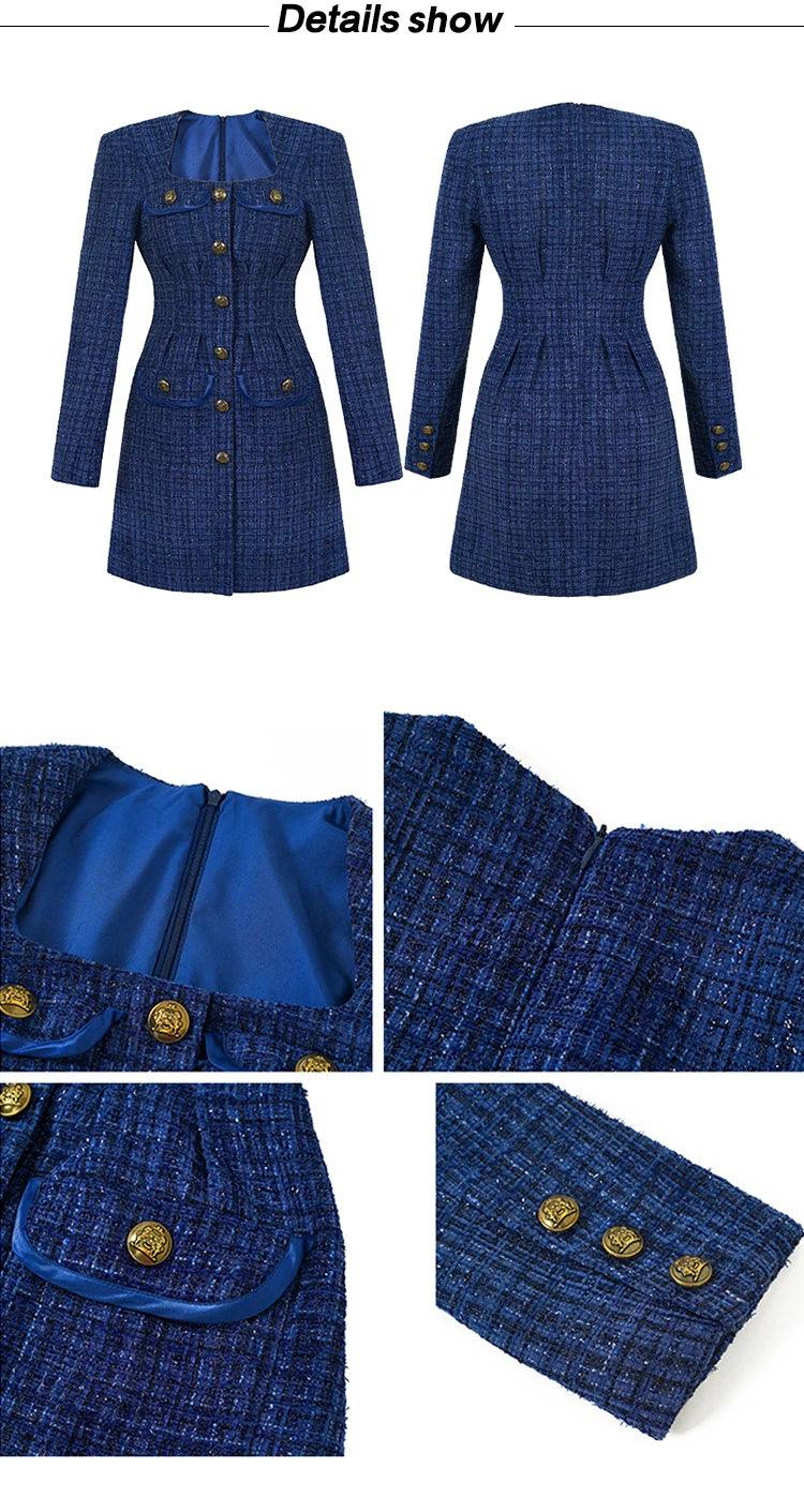 Elegant Retro Blue Tweed Mini Dress