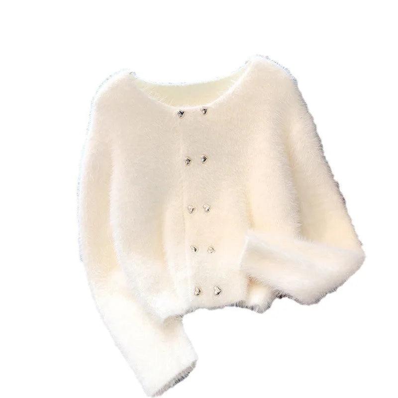 Imitation Mink Fur Knitted Cardigan 2024 New Autumn Clothing Women's Short Round Neck Small Fragrant Style Top Sweater Jacket - Trendy Mix