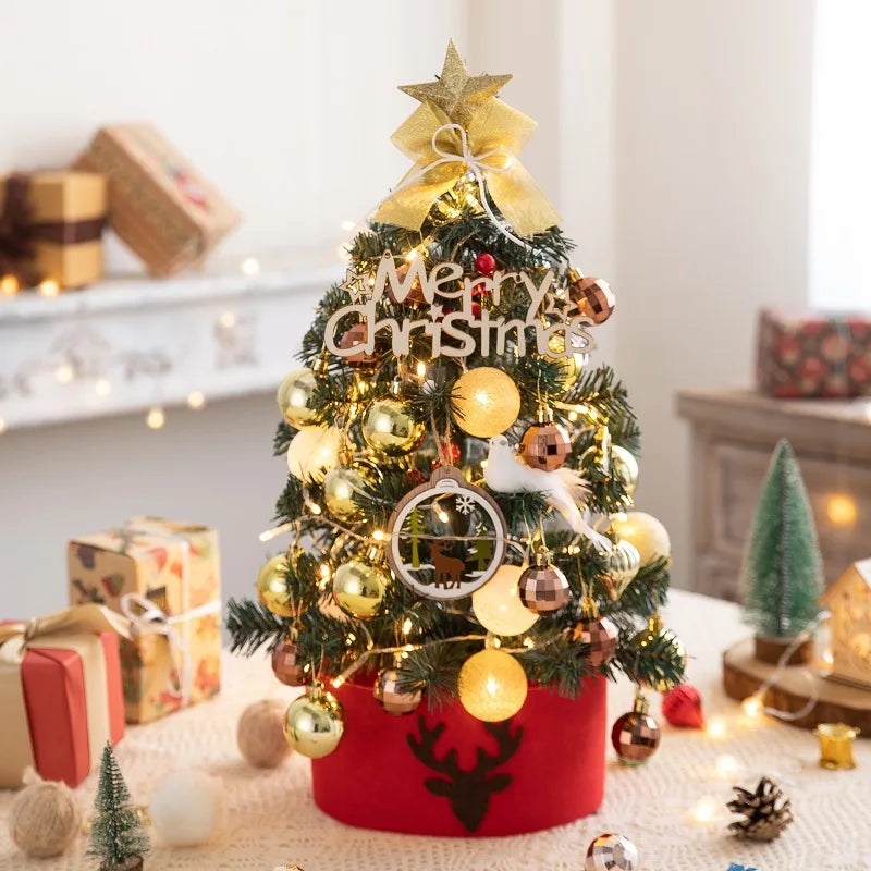 45/60cm Mini Christmas Tree With Lights DIY Desktop Golden Red Christmas Decorations 2024 New Year Home Party Windows Ornaments