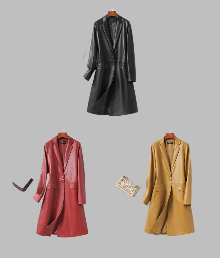 Real Leather Trench Coat Women Midi-length Sheepskin Outwear 2024 Fall Winter Blazer Collar Single Button Ladies Lambskin Trench