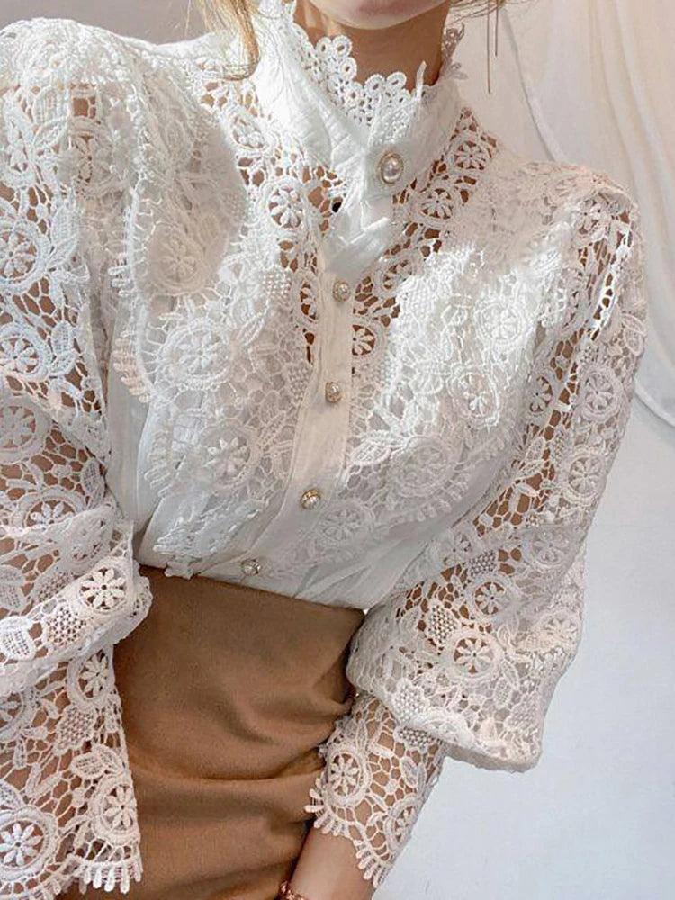 Chic Lace Collar Puff Sleeve Blouse - Trendy Mix