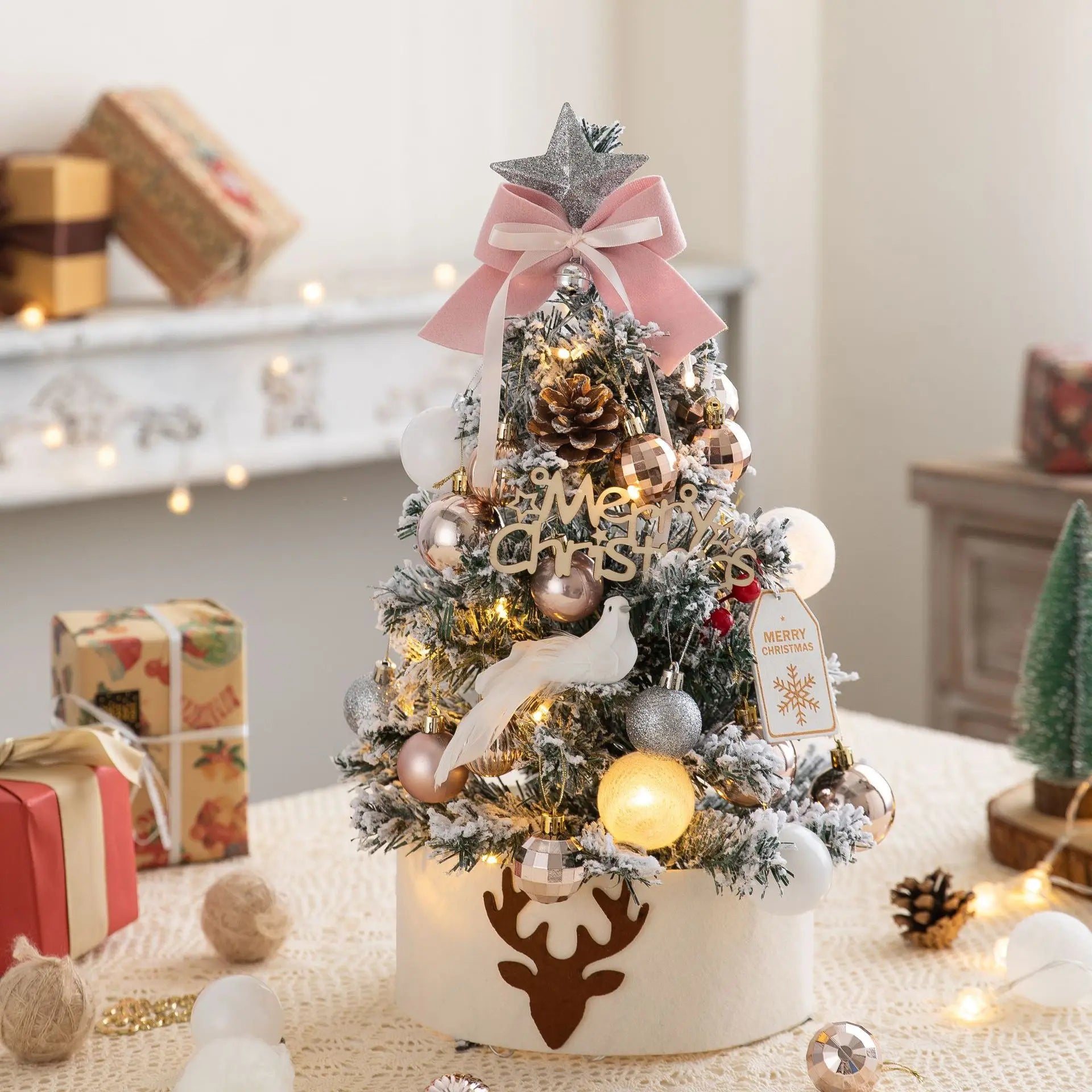 45/60cm Mini Christmas Tree With Lights DIY Desktop Golden Red Christmas Decorations 2024 New Year Home Party Windows Ornaments