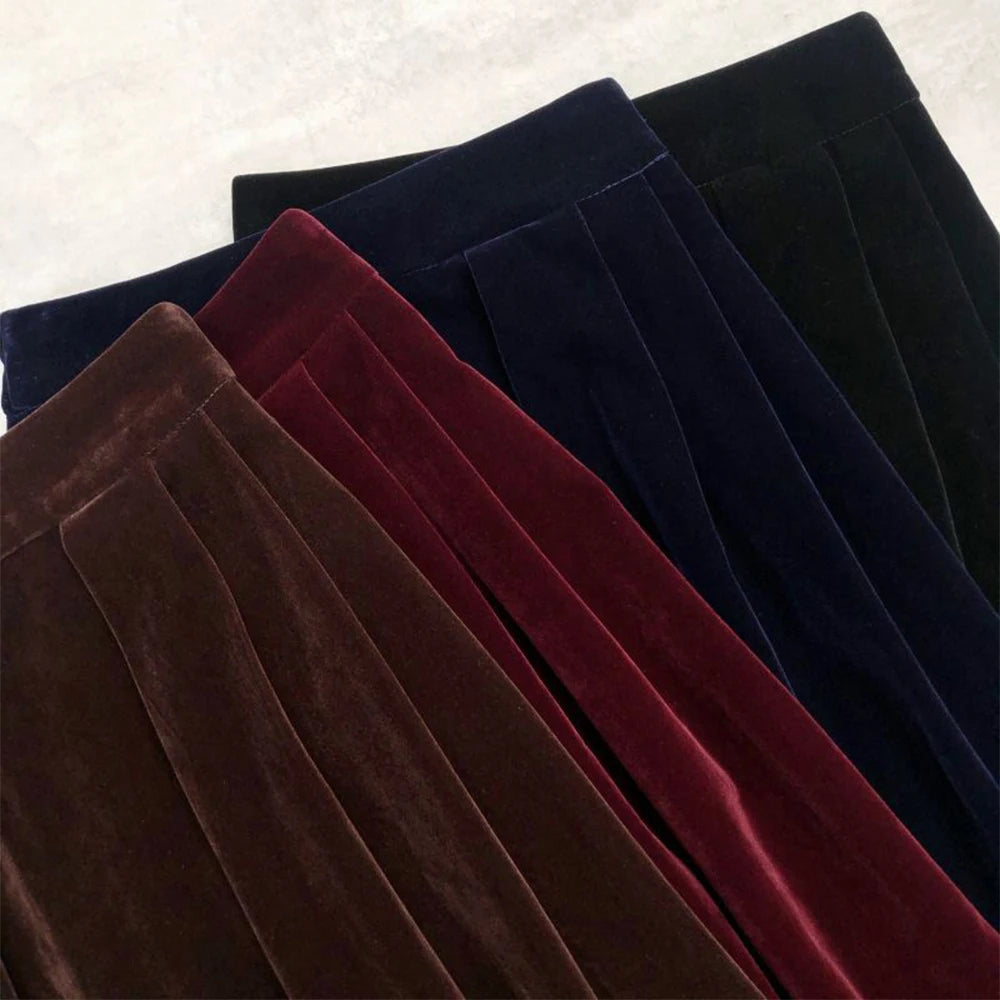 Korean Solid Color Velvet Skirts High Waist Women's Autumn Winter Skirts Pockets Side A Line Pleated Skirts