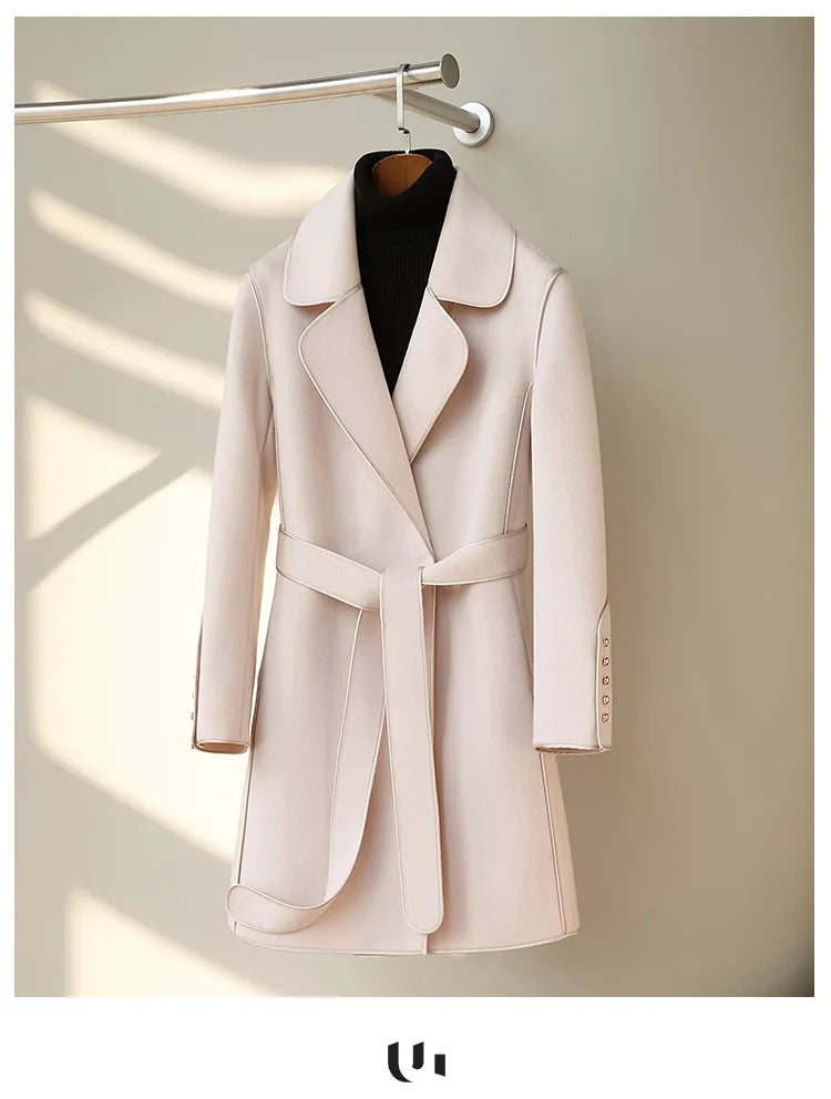 2024 Winter New Wool Coats For Women Lapel Long Sleeves Belt Coats Office Lady Fashion