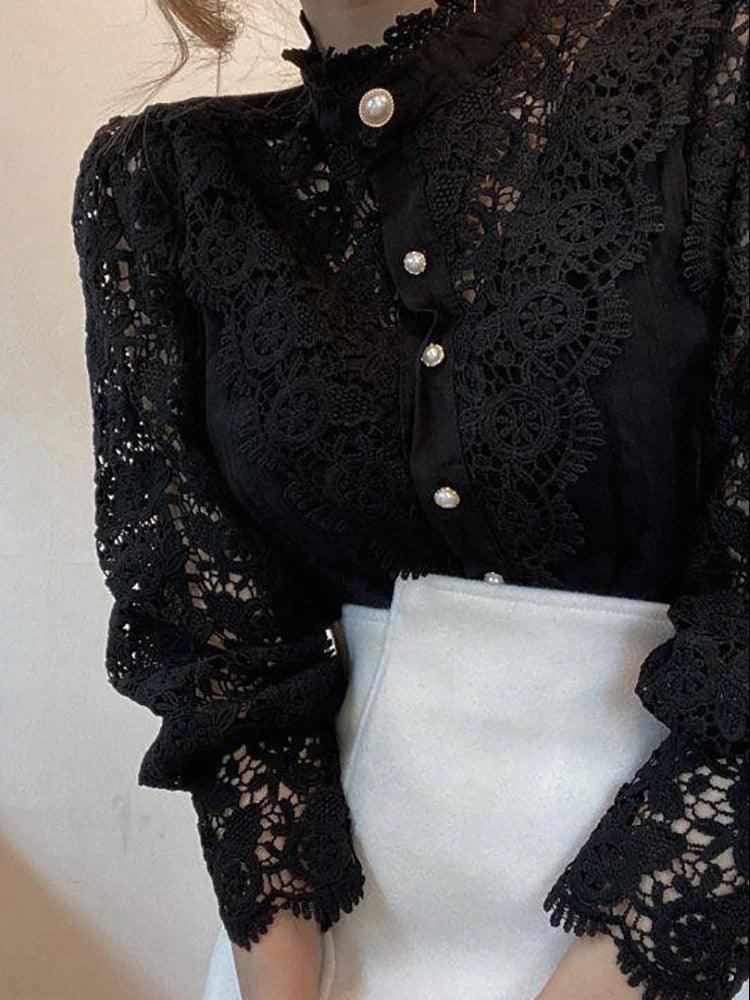 Chic Lace Collar Puff Sleeve Blouse - Trendy Mix