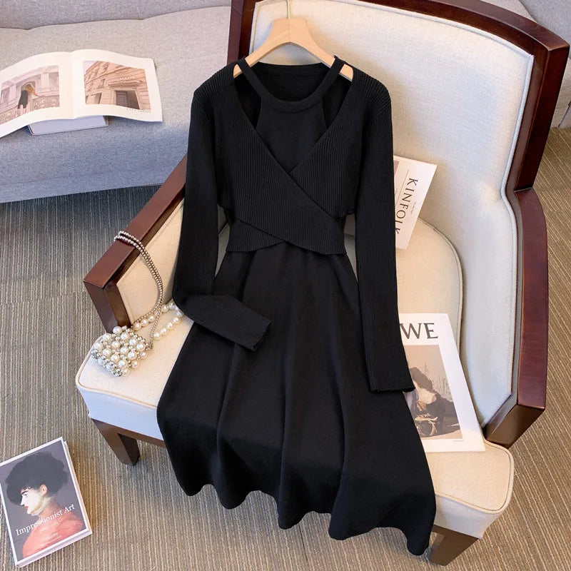 Autumn Winter White Hollow Out Sexy Club Midi Dress Female Elegant Bodycon Sweater Dress 2024 Korean Vintage Hepburn Black Dress