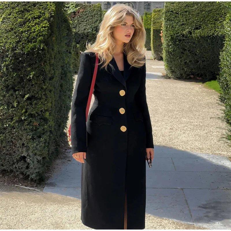 2024 Black Woolen Overcoat with Golden Button Accents - Trendy Mix