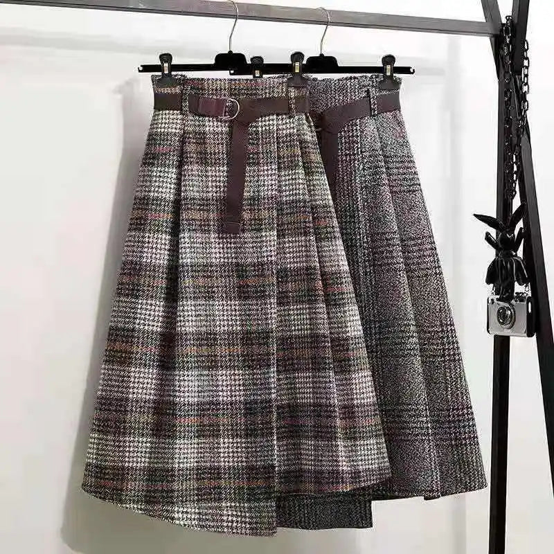 Autumn/Winter England Style Woolen Plaid Skirt for Women Retro Mid Length Irregular High Waist Loose Thick A-line Long Skirts