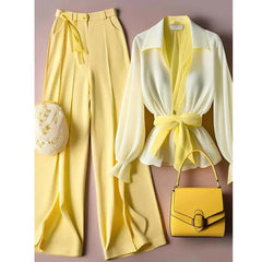 Yellow Tailored Trousers Loose Pants Suit Two Peice Vintage Sets - Trendy Mix