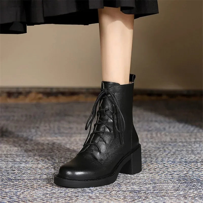 2024 Winter Genuine Leather Women Boots Round Toe Thick Heel Lace Up Fashion Ankle Boots Retro Boots  Platform Shoes Heels Grown