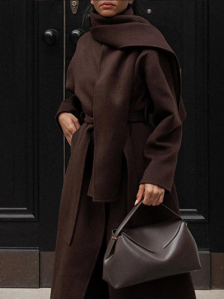 2024 Brown Scarf Collar Wool Overcoat with Belt - Trendy Mix