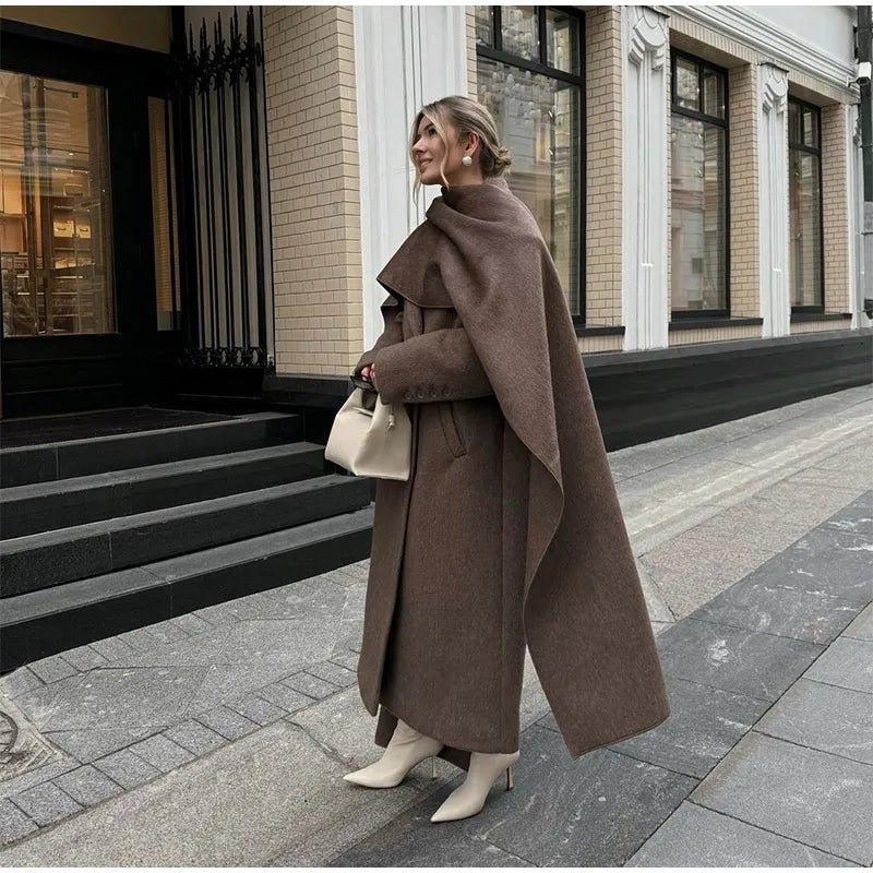 2024 Brown Scarf Collar Wool Overcoat with Belt - Trendy Mix