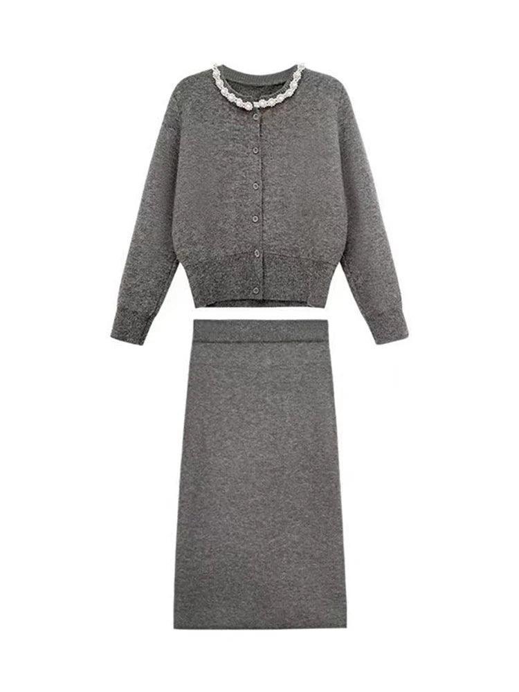 Handmade Pearl Collar Knit Cardigan & A-Line Skirt Set - Trendy Mix