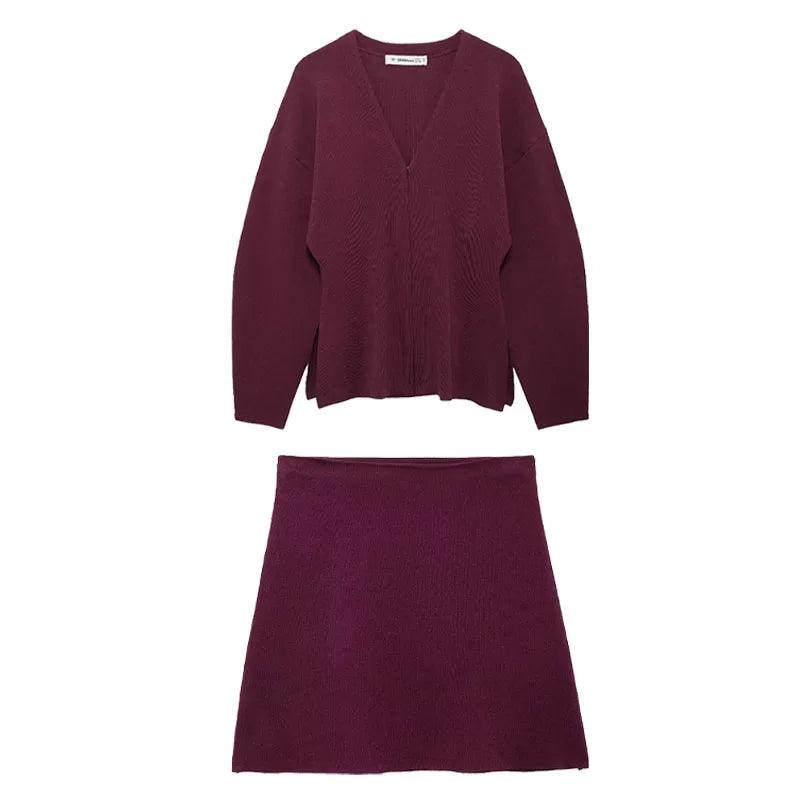 V-Neck Cardigan & High-Waist Mini Skirt Set